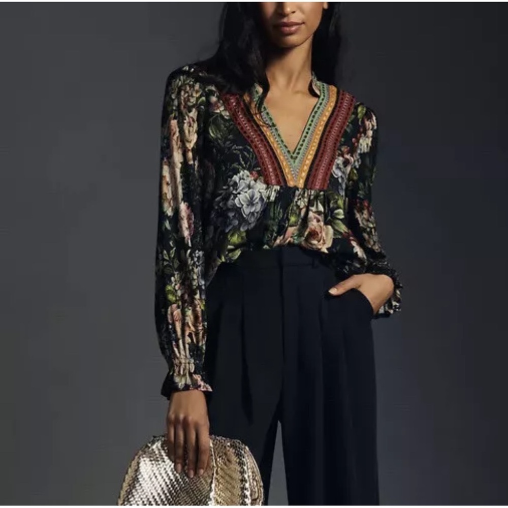 Bl^nk London x Anthropologie STEPHANIE XS Blue Green Floral V-Neck Long Sleeve - Picture 2 of 6